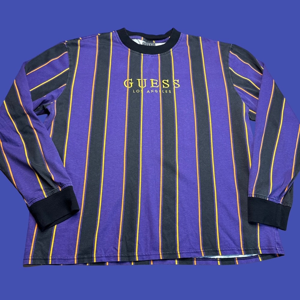 Guess Los Angeles T Shirt Large Mens Purple Striped Long Sleeve Streetwear Y2K